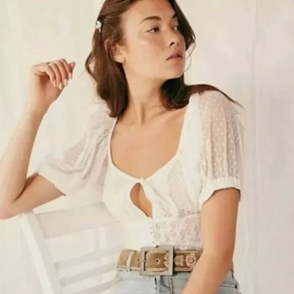 Free People Sheer Puff Sleeve Button Front Crop Top Ivory Lace XS OB1167439 - Picture 1 of 10